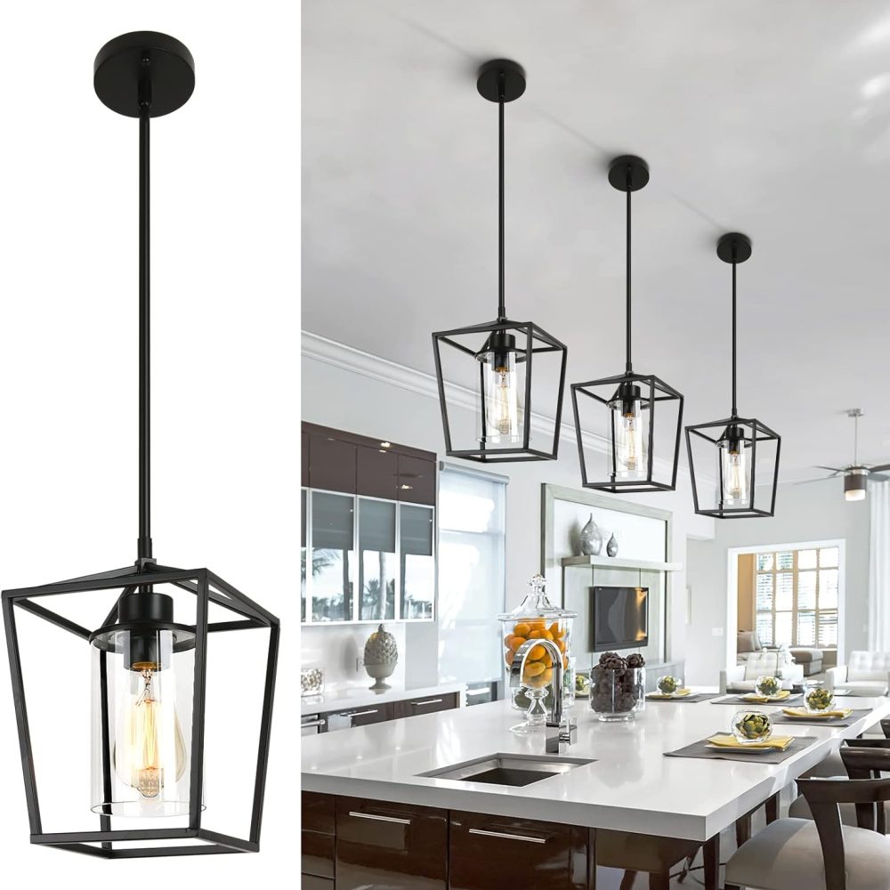 1-Light Black Pendant Light Fixture Farmhouse Iron Cage Metal Pendant Light Lantern Hanging Light Fixtures with Clear Glass Shade for Kitchen Island, Entryway, Dining Room, Hallway