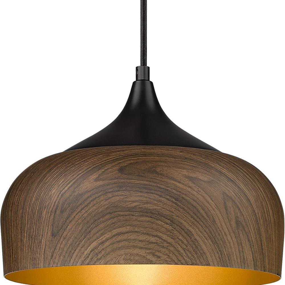 ELYONA Modern Pendant Light Walnut Wooden Pattern Dome Pendant Light Fixture Matte Black Metal Gold Inner Finish Adjustable Hanging Lighting for Kitchen Island Dining Room Office Hallway Foyer Bedroom