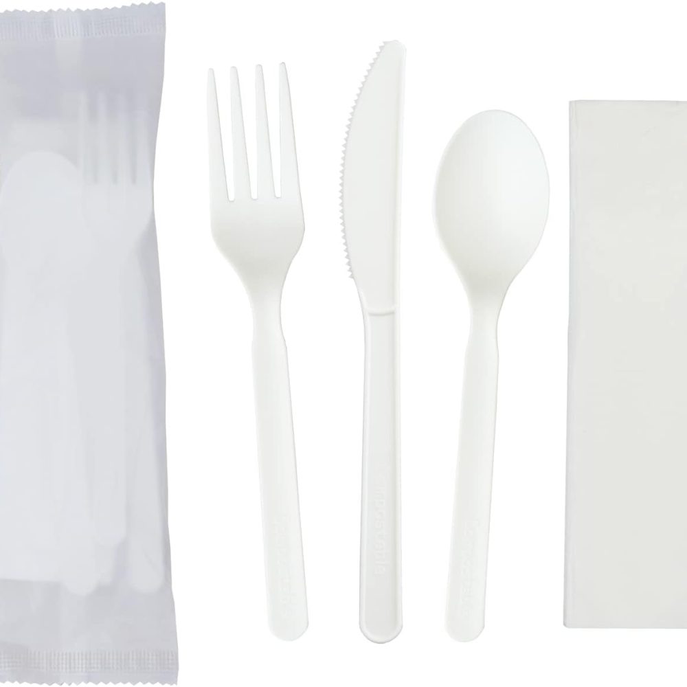 GreenWorks 6" Compostable CPLA Cutlery Kits, BPI Certified 200 Sets (Fork, Spoon,Knife,Napkin 4 in 1) Individually Wrapped With Compostable Bags，Alternative to Plastic Disposable Utensils